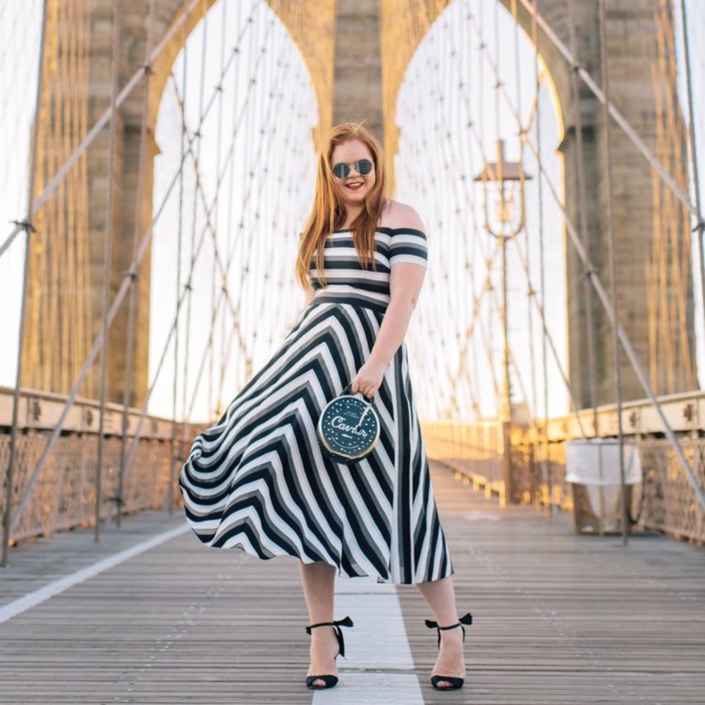 lela rose off the shoulder black and white stripe midi dress